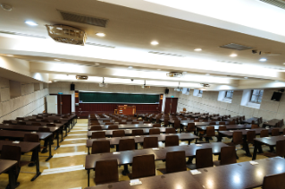 view from the back of an empty college classroom