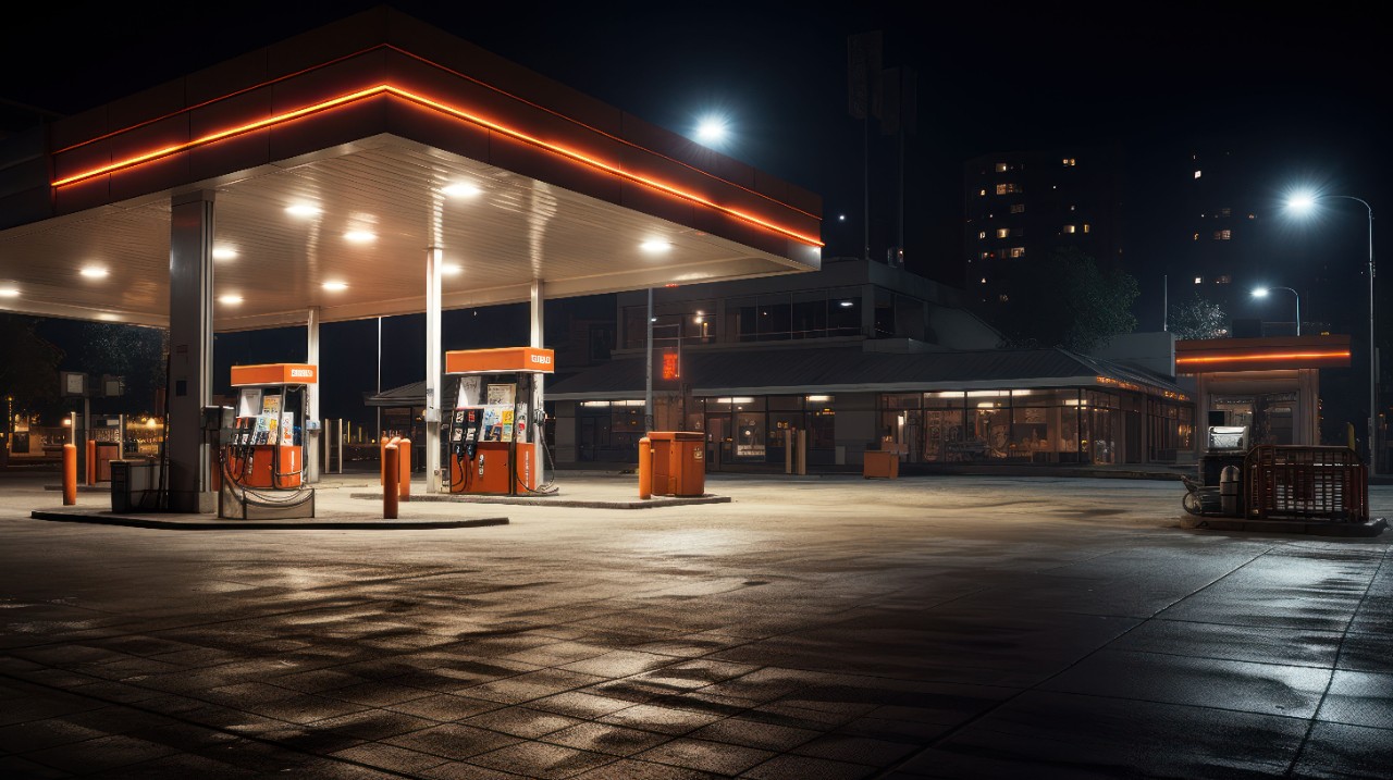 Gas station exterior night lights. Gas station exterior night lights.