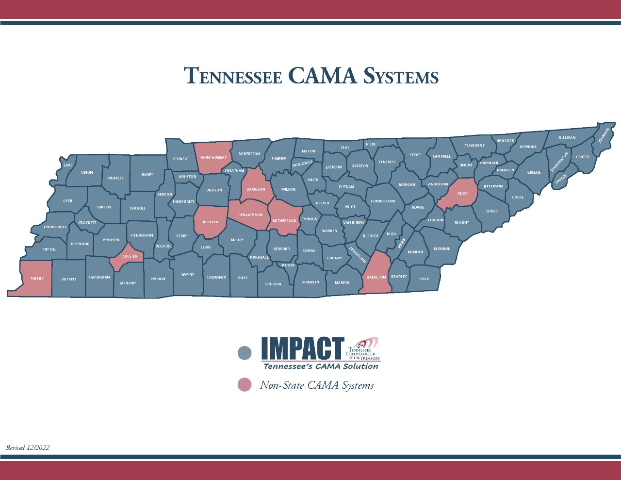 Map of Tennessee showing all counties currently using the IMPACT CAMA System with the exception of Chester, Davidson, Hamilton, Hickman, Knox, Montgomery, Rutherford, Shelby and Williamson counties that are using another non-state CAMA system.