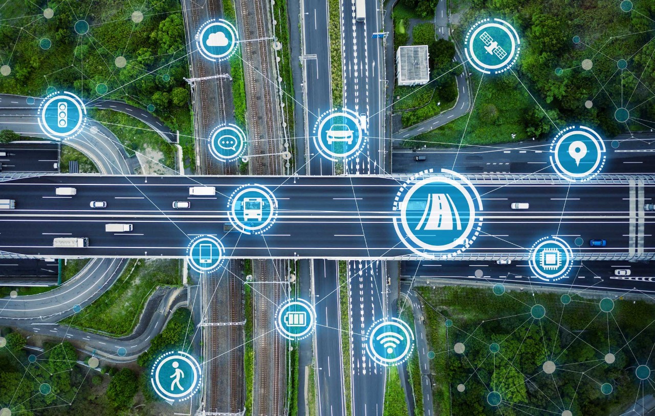 Vehicles traveling on interstate roadways.