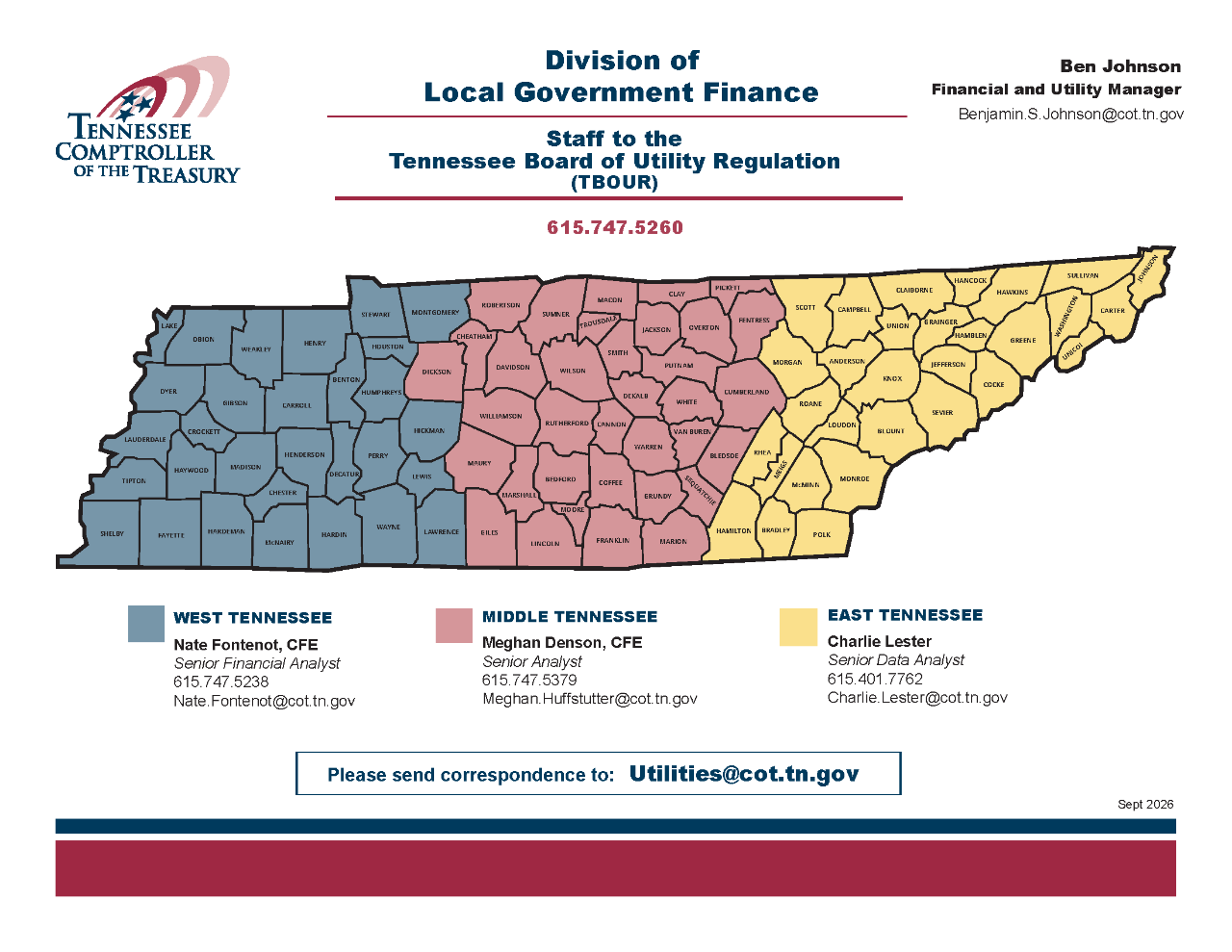 Tennessee Comptroller TBOUR map of Tennessee showing county coverage by West, Middle, and East regions, with contact names for Nate Fontenot, Meghan Denson, Ben Johnson, Ross Colona, office address, phone, and Utilities@cot.tn.gov .