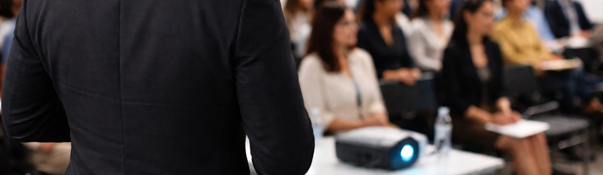 Man in a suit presenting to an audience